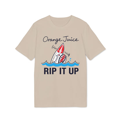 Tan t-shirt with cartoon shark graphic and text "Orange Juice Rip It Up".