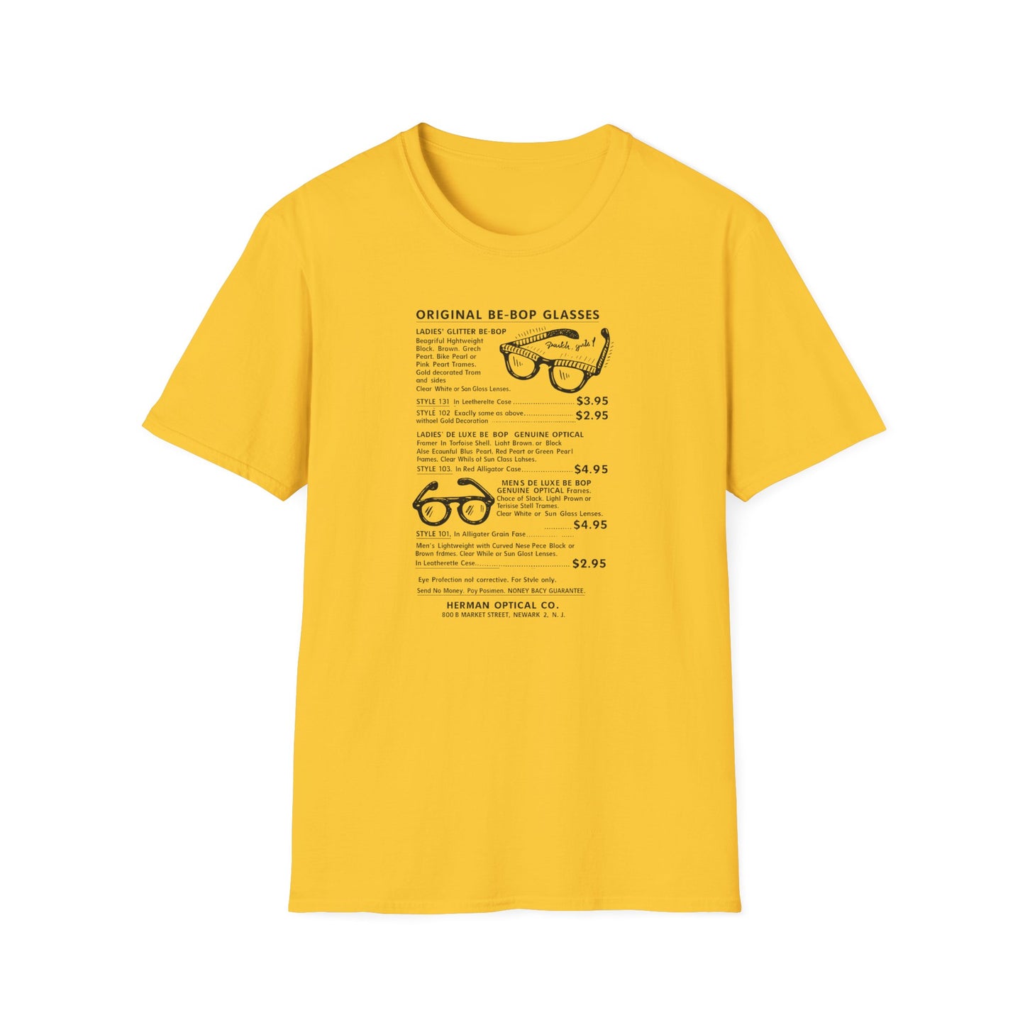 Yellow t-shirt with vintage advertisement for Be-Bop glasses, prices, and company info.