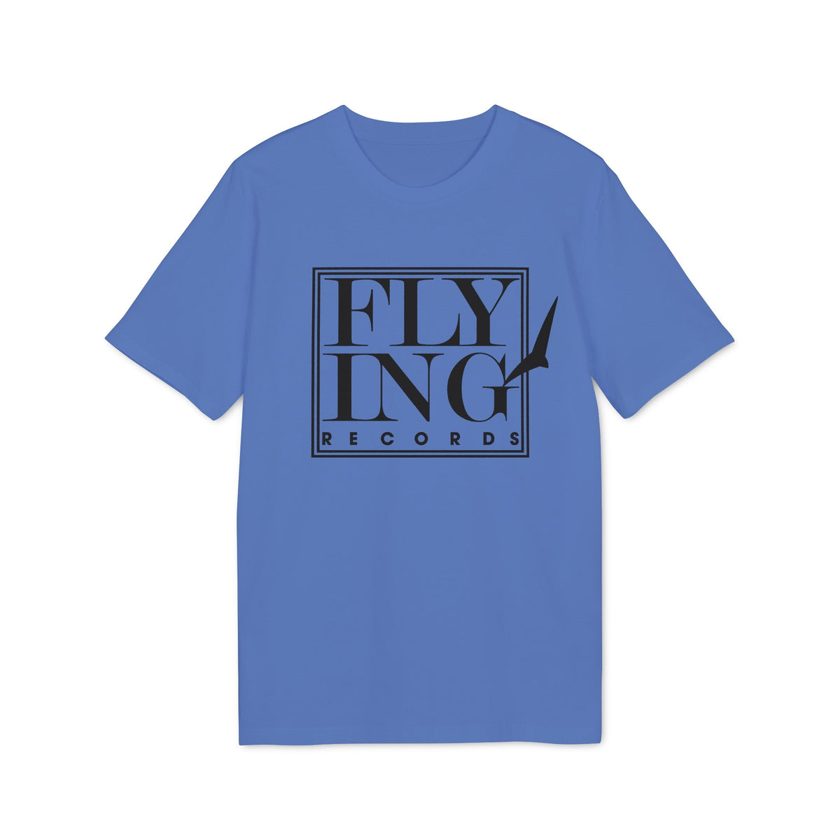 A periwinkle blue short-sleeve t-shirt featuring a black box logo that reads FLYING RECORDS with a bird silhouette.