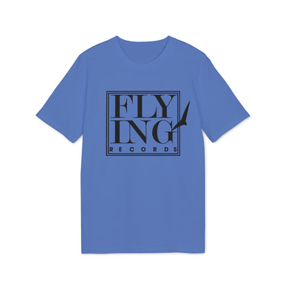 A periwinkle blue short-sleeve t-shirt featuring a black box logo that reads FLYING RECORDS with a bird silhouette.