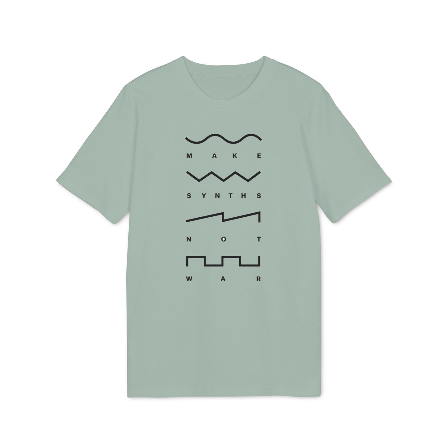 Pale green t-shirt with text "MAKE SYNTHS NOT WAR" and waveform graphics.