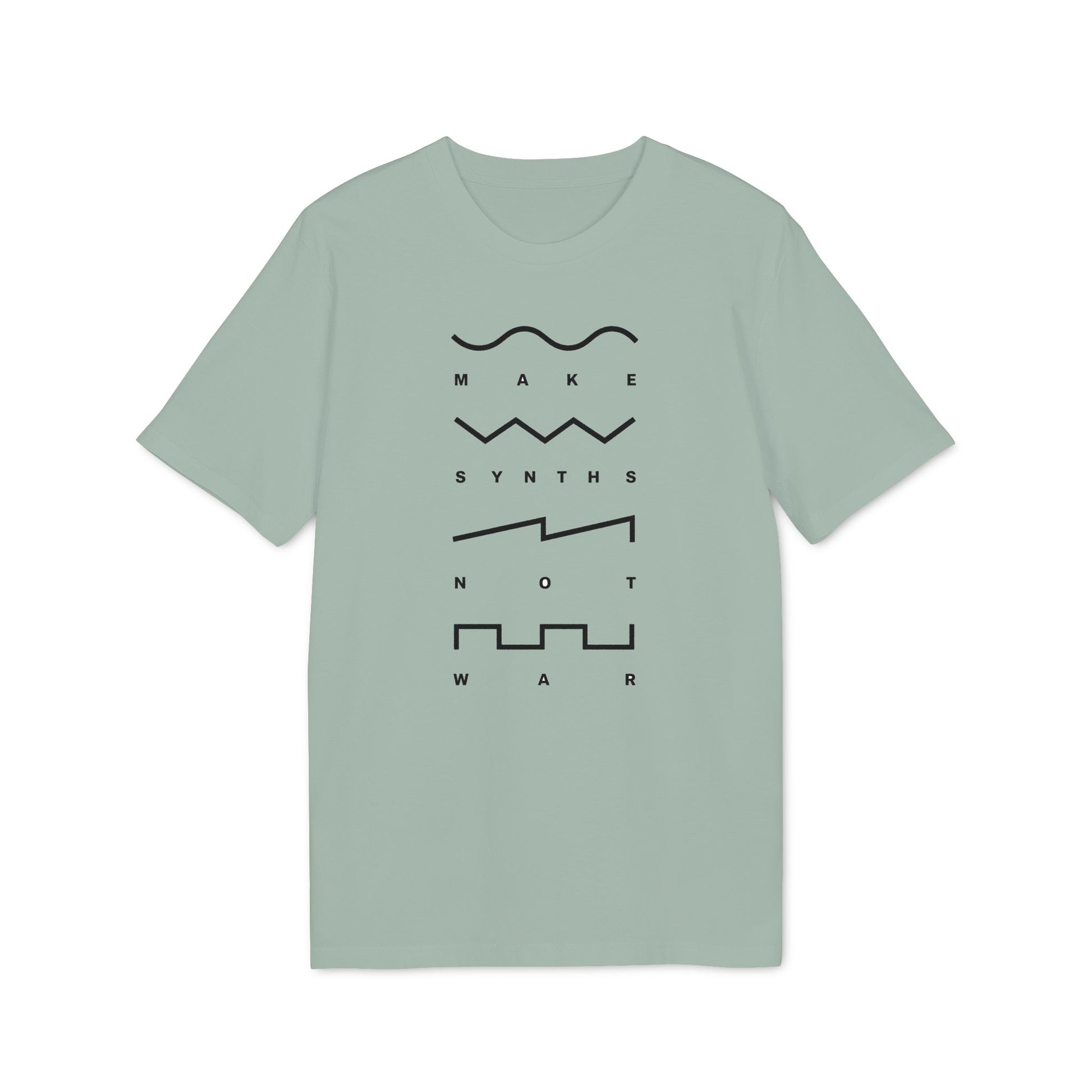 Pale green t-shirt with text "MAKE SYNTHS NOT WAR" and waveform graphics.