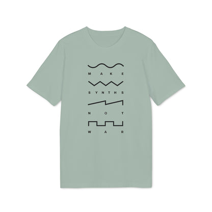 Pale green t-shirt with text "MAKE SYNTHS NOT WAR" and waveform graphics.