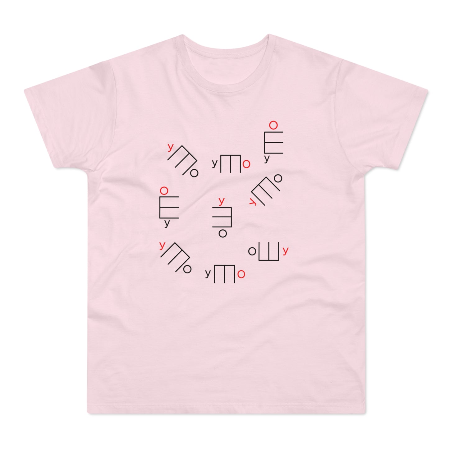 Pink t-shirt with a scattered pattern of abstract black and red geometric shapes and characters.