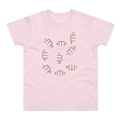 Pink t-shirt with a scattered pattern of abstract black and red geometric shapes and characters.