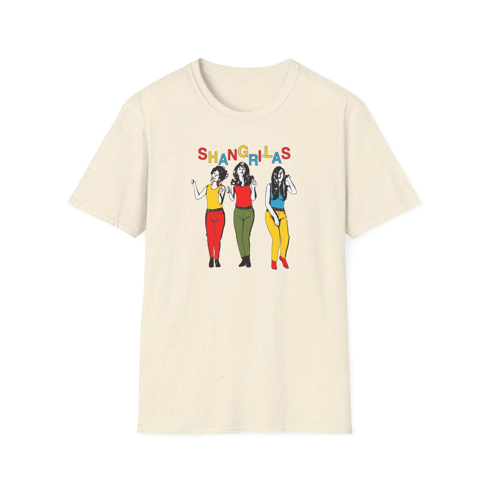 Cream t-shirt with colorful "SHANGRI-LAS" text and graphic of three dancing women.
