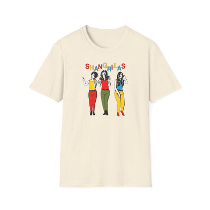 Cream t-shirt with colorful "SHANGRI-LAS" text and graphic of three dancing women.