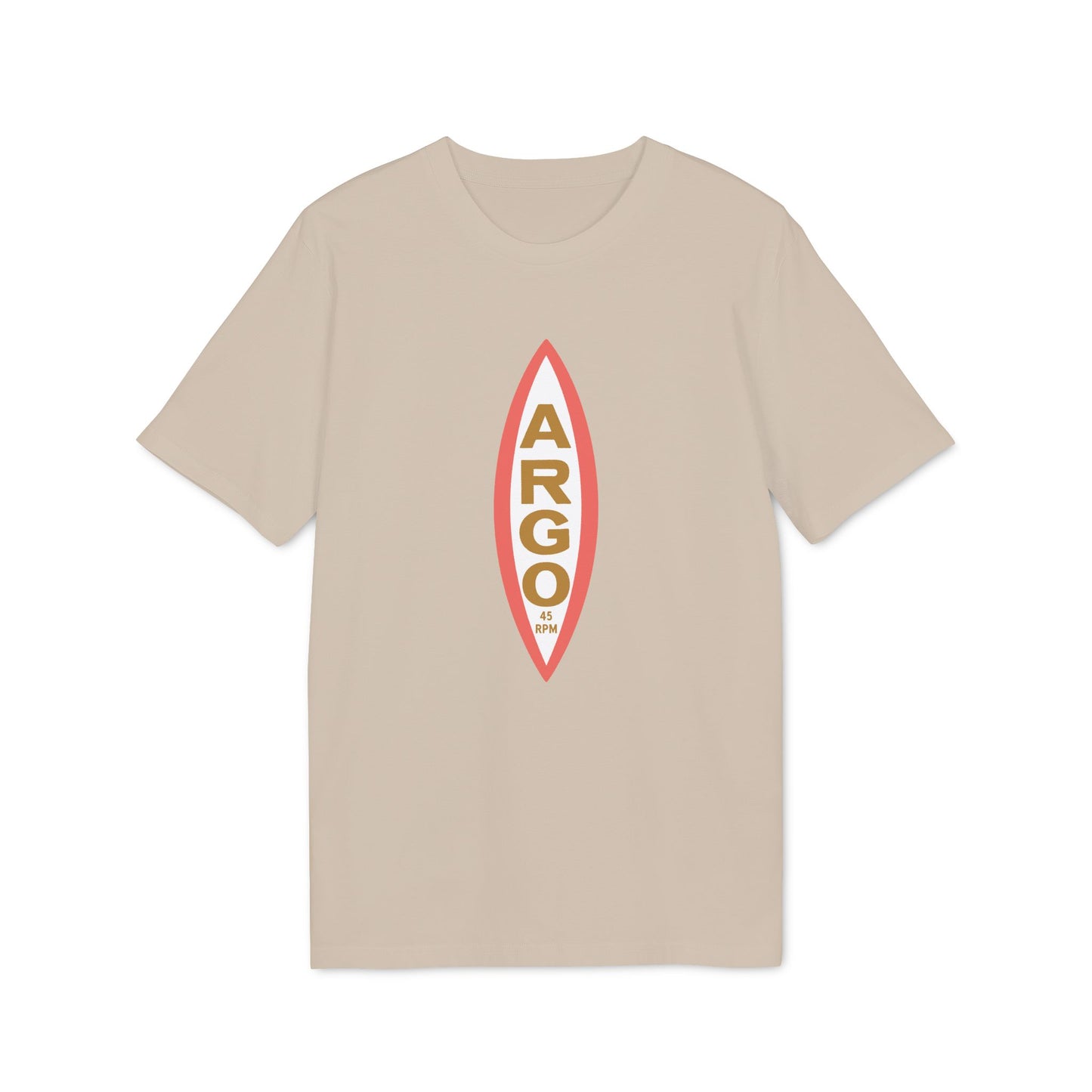 Tan t-shirt with vertical orange and white Argo logo and 45 RPM text.