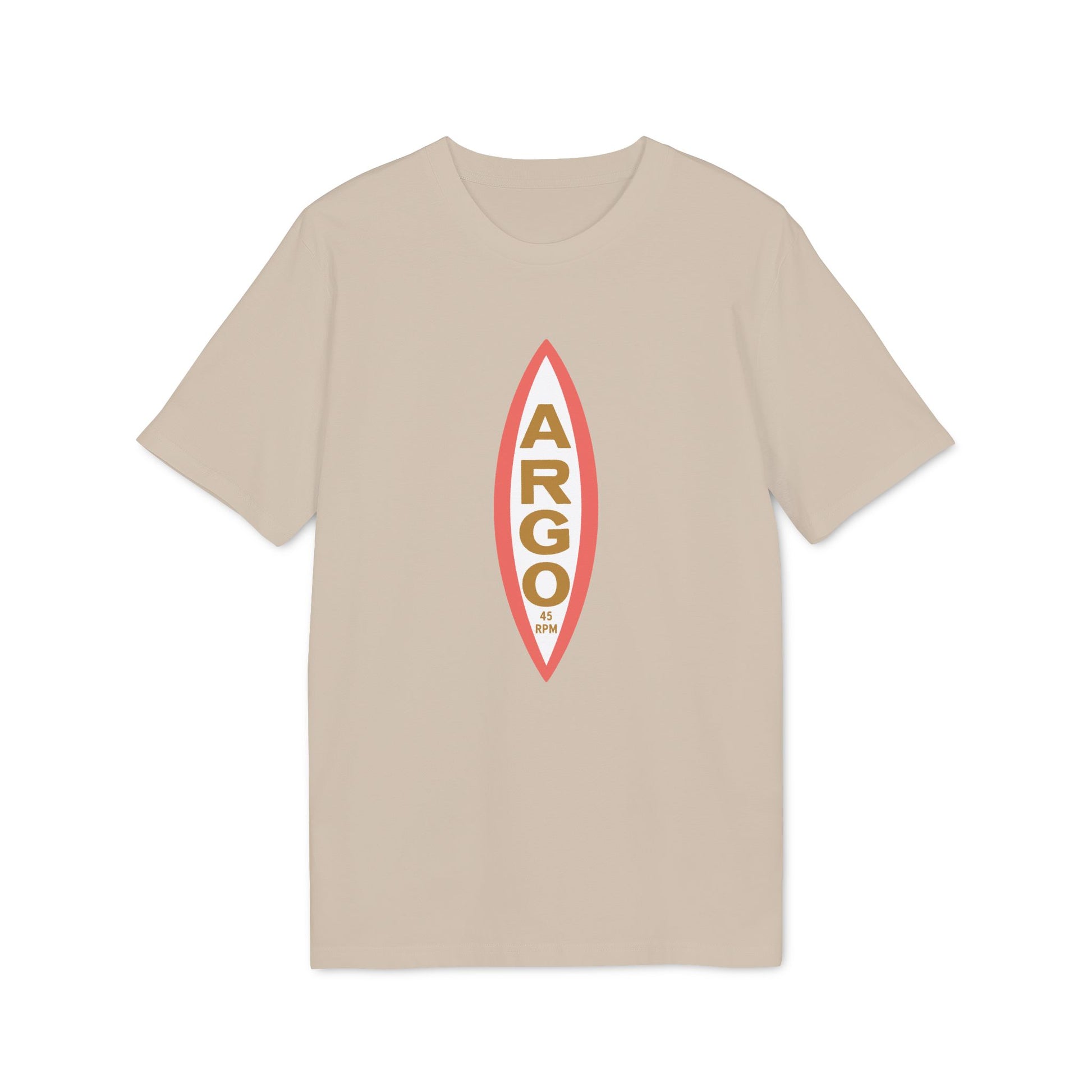 Tan t-shirt with vertical orange and white Argo logo and 45 RPM text.