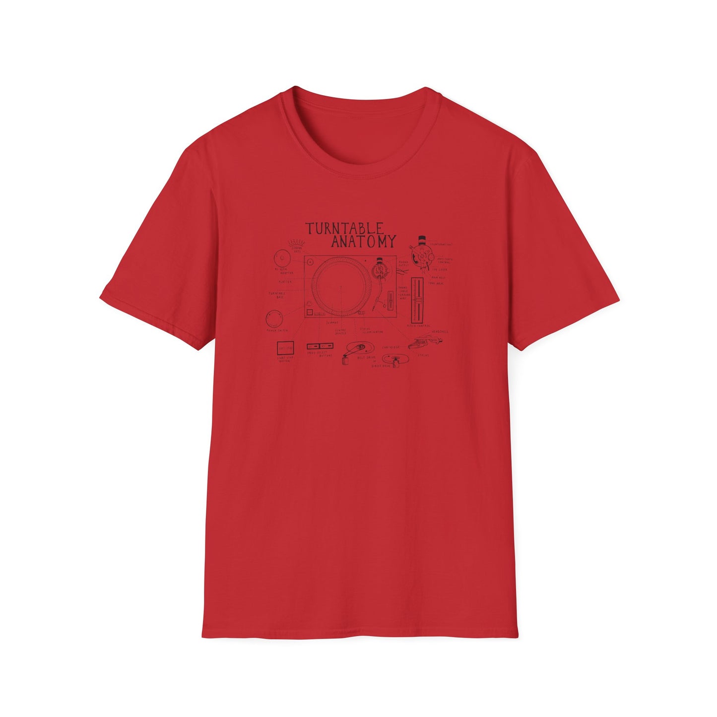 Red t-shirt with black line drawing of turntable anatomy.