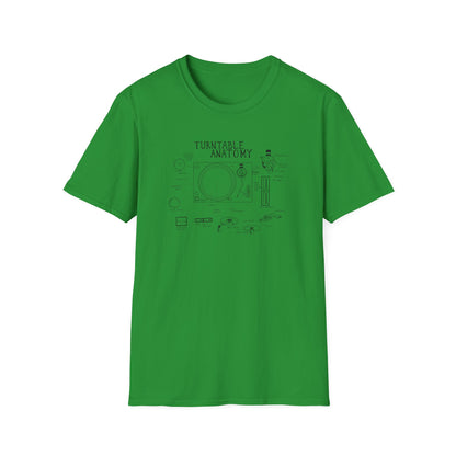 Green t-shirt with a black ink schematic diagram titled "Turntable Anatomy".