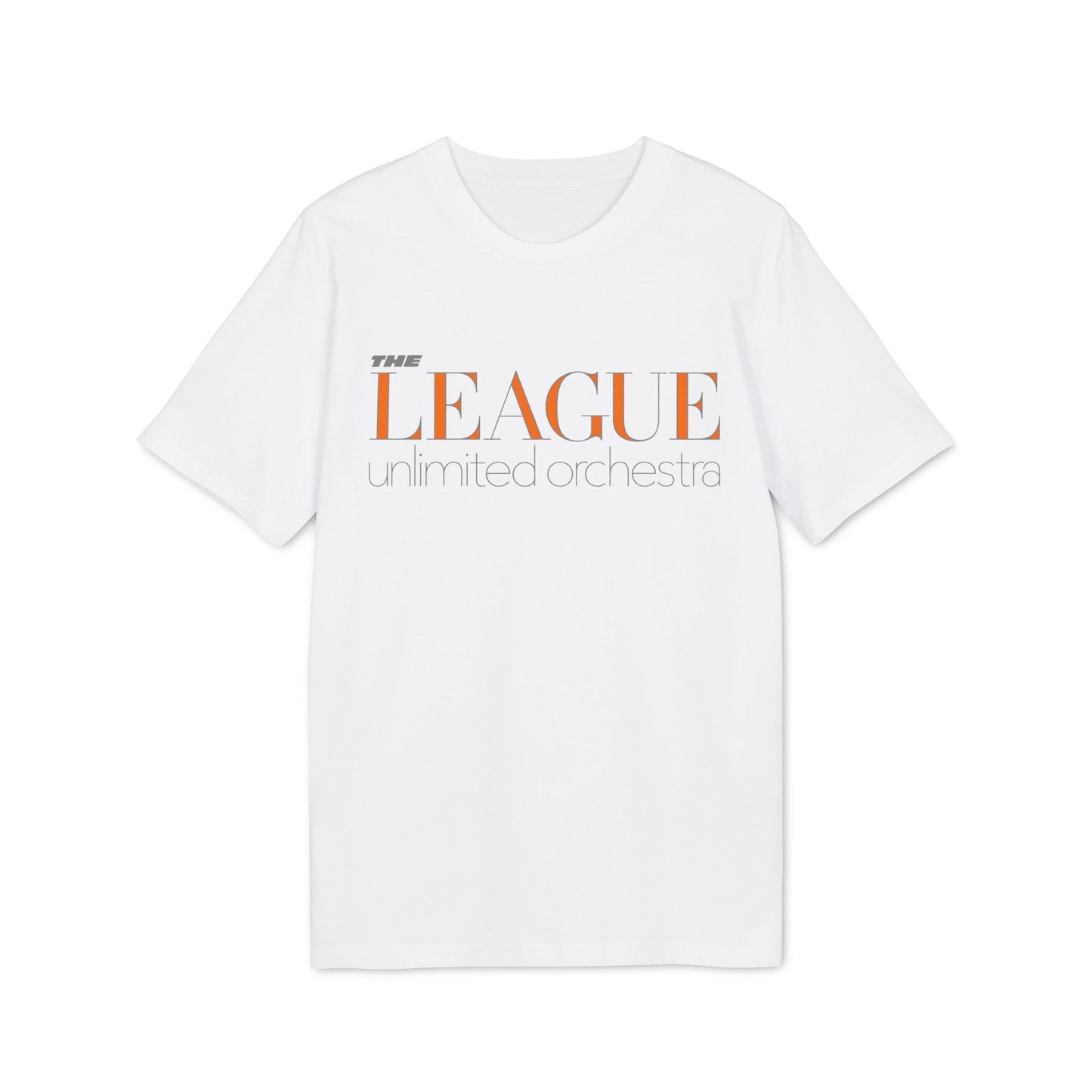 White t-shirt with orange text "THE LEAGUE unlimited orchestra".