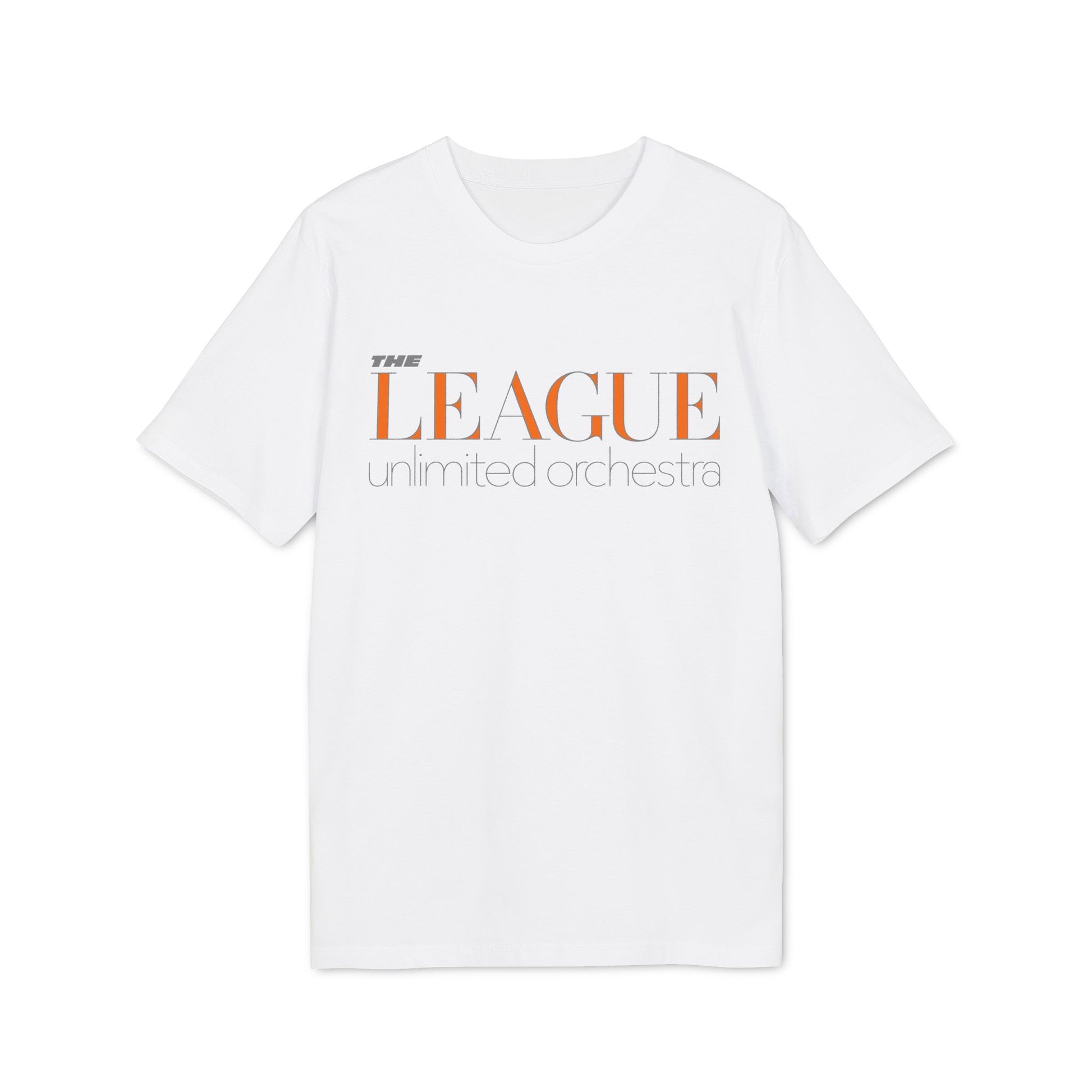 White t-shirt with orange text "THE LEAGUE unlimited orchestra".