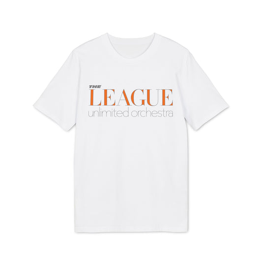 White t-shirt with orange text "THE LEAGUE unlimited orchestra".