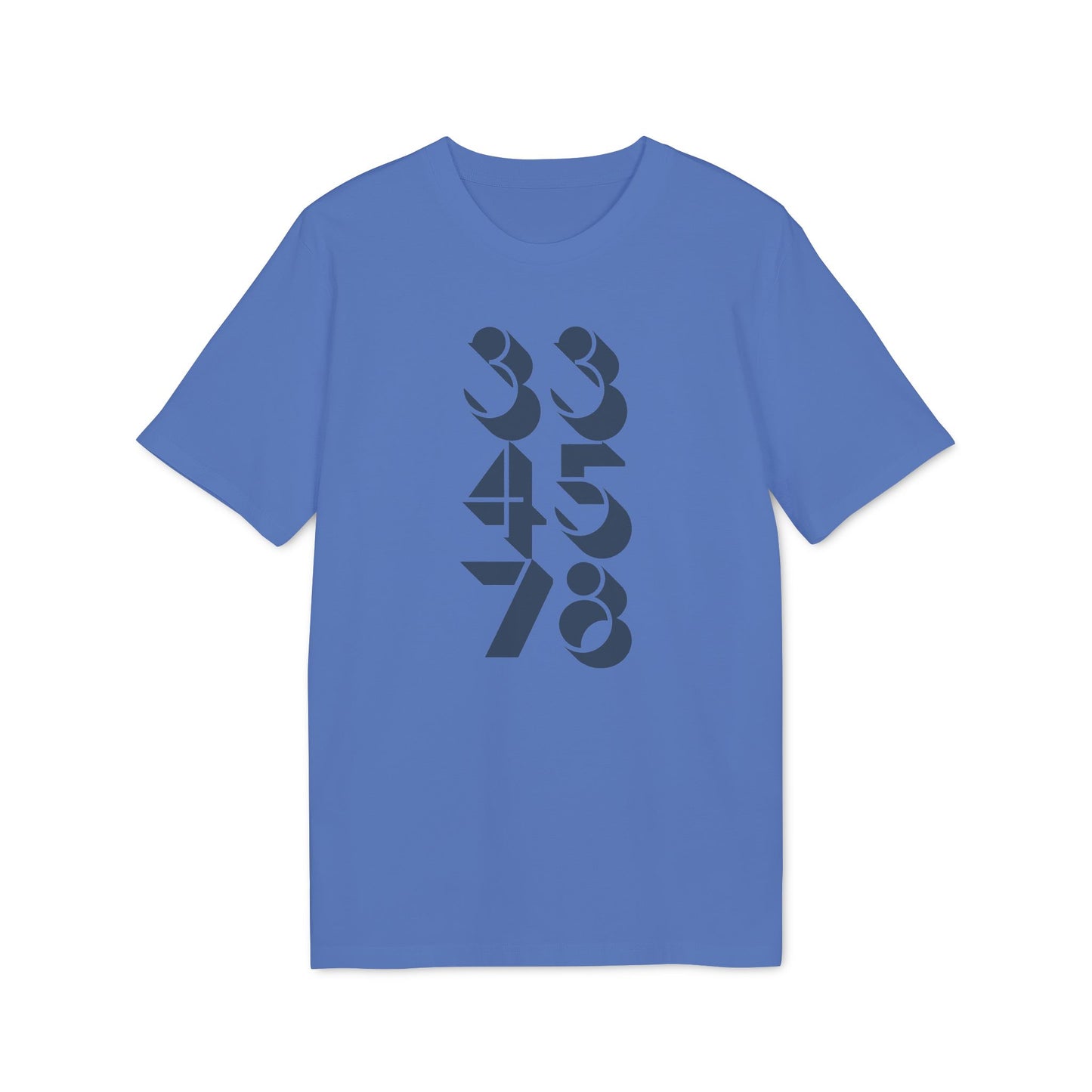 Blue t-shirt with stacked dark gray numbers 33, 45, 78.