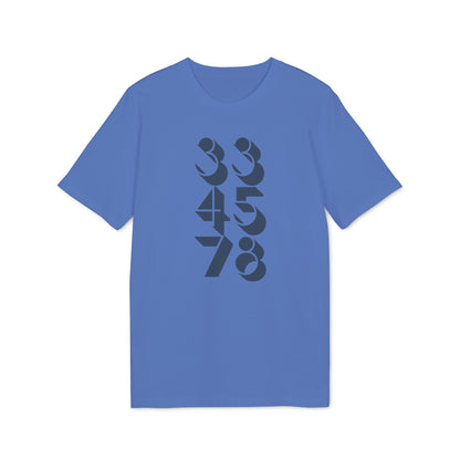 Blue t-shirt with stacked dark gray numbers 33, 45, 78.