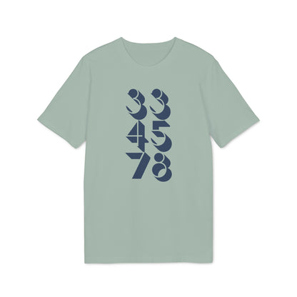 T-shirt with stacked navy blue numbers: 33, 45, 78.