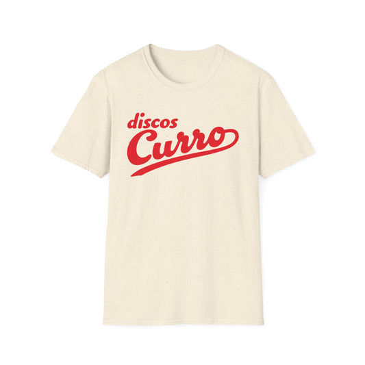 Cream t-shirt with red "discos Curro" script logo.