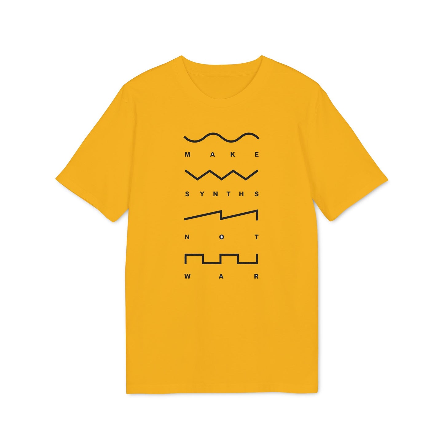 Yellow t-shirt with black text and graphics: "MAKE SYNTHS NOT WAR".
