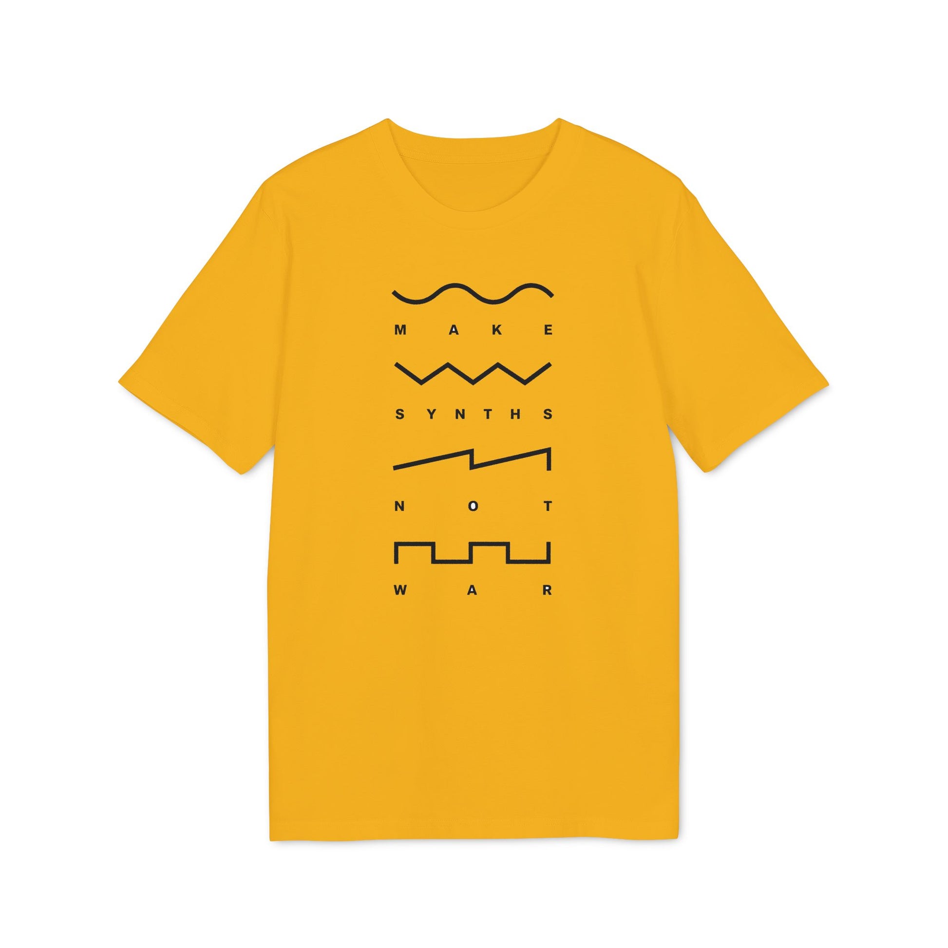 Yellow t-shirt with black text and graphics: "MAKE SYNTHS NOT WAR".