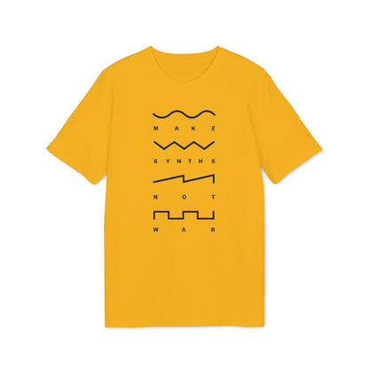 Yellow t-shirt with black text and graphics: "MAKE SYNTHS NOT WAR".