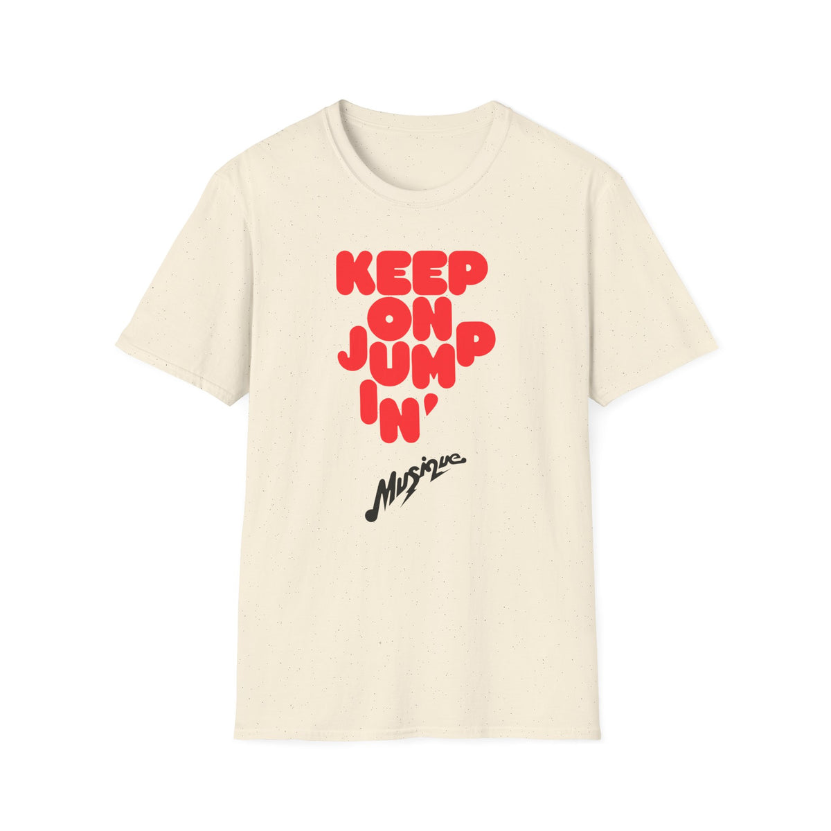 Cream t-shirt with red "KEEP ON JUMP 'N'" and black "Musique" text.