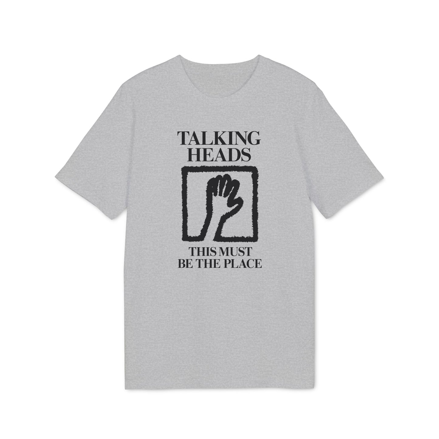 Grey t-shirt with "Talking Heads This Must Be The Place" text and hand graphic.