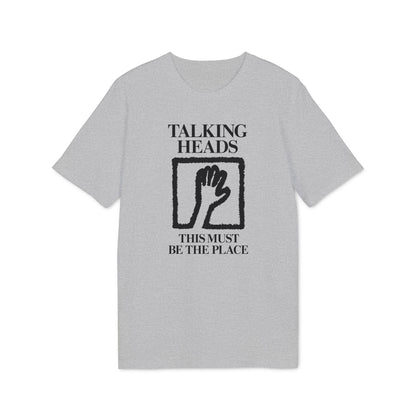 Grey t-shirt with "Talking Heads This Must Be The Place" text and hand graphic.