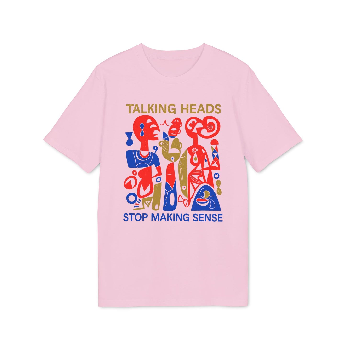 Pink t-shirt with "TALKING HEADS STOP MAKING SENSE" and abstract figures.