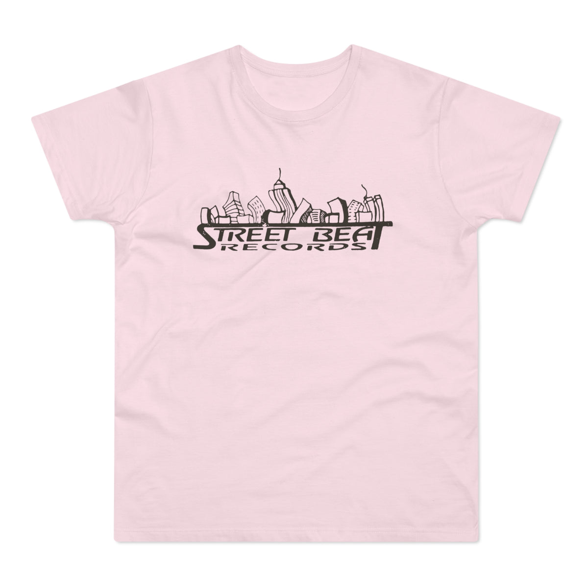 A light pink t-shirt featuring a black graphic of a stylized city skyline and the text Street Beat Records.
