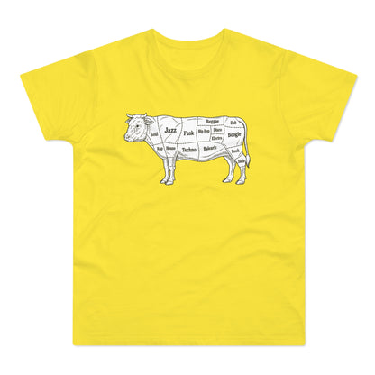Yellow t-shirt with a diagram of a cow labeled with music genres.