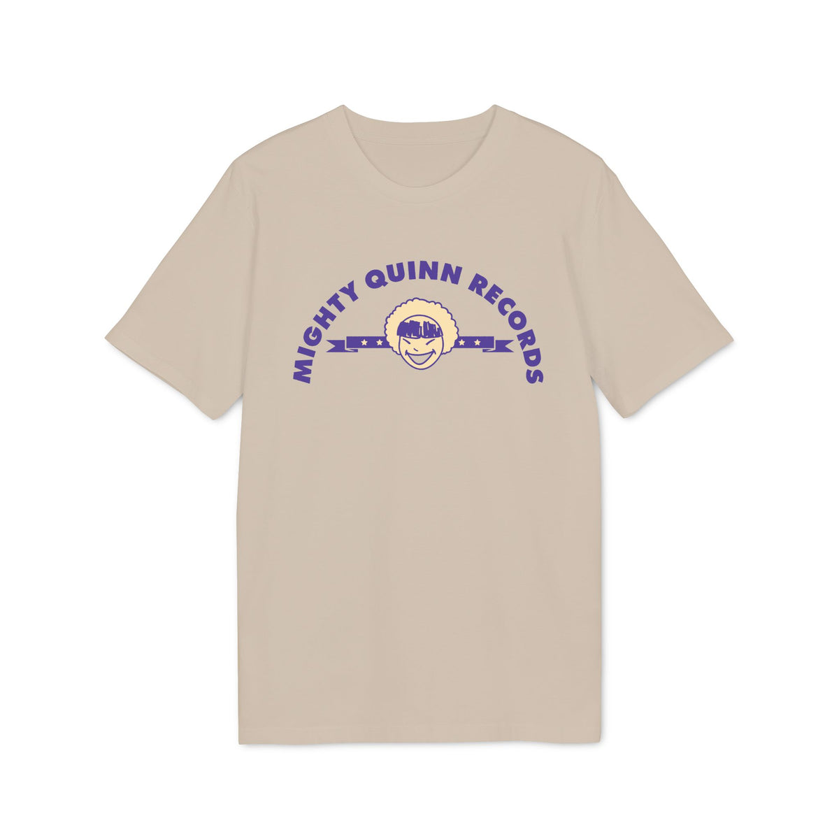 Beige short-sleeved t-shirt featuring a purple Mighty Quinn Records logo with a smiling face graphic on the chest.