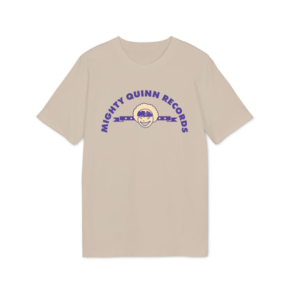 Beige short-sleeved t-shirt featuring a purple Mighty Quinn Records logo with a smiling face graphic on the chest.