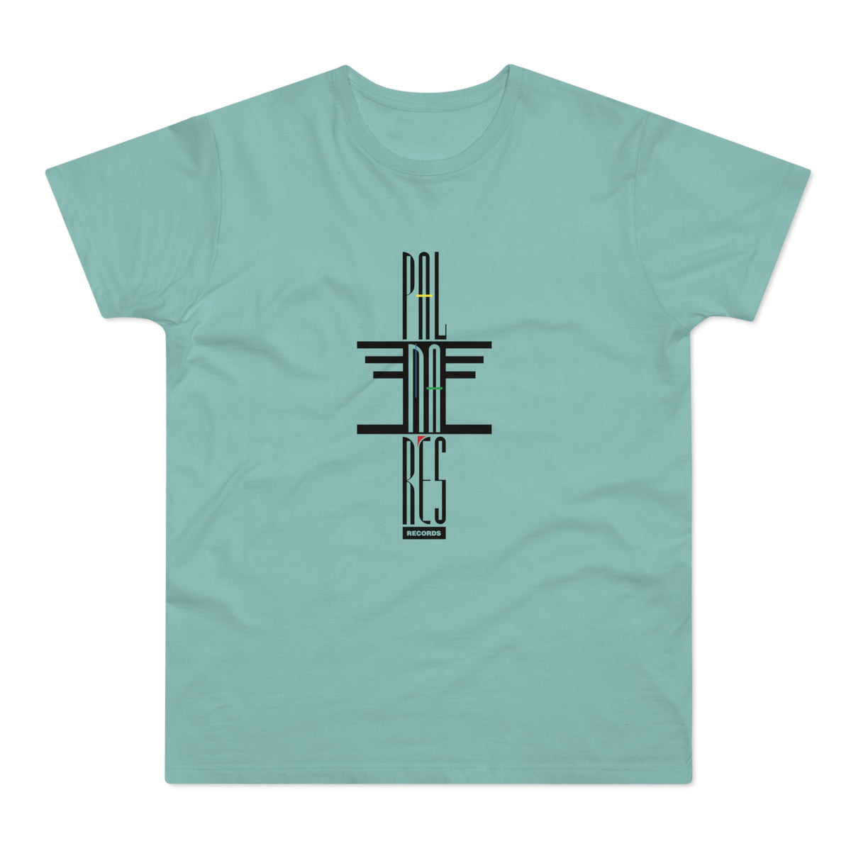 Teal t-shirt with black and colored vertical text logo for "PAL MUC RES RECORDS".