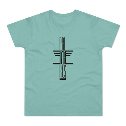 Teal t-shirt with black and colored vertical text logo for "PAL MUC RES RECORDS".