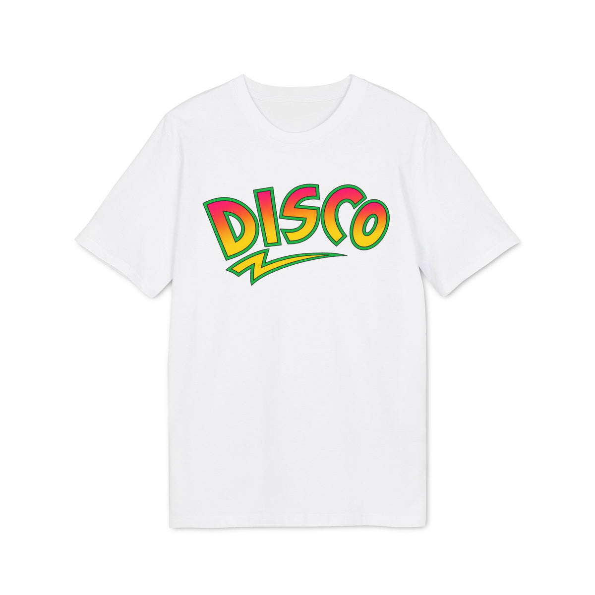 A white short-sleeved t-shirt with the word DISCO printed in colorful, stylized bubble letters.