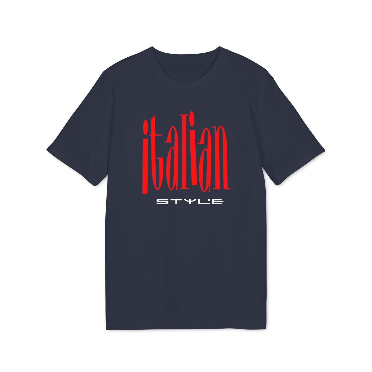 A dark navy short-sleeve t-shirt with red vertical text spelling "italian" and white text reading "STYLE".