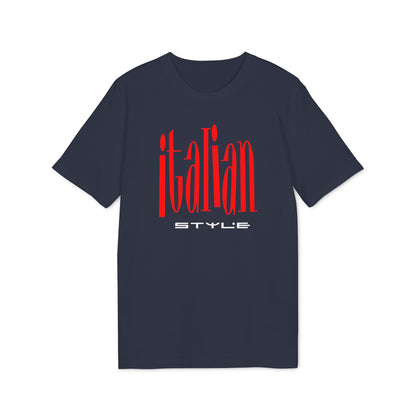 A dark navy short-sleeve t-shirt with red vertical text spelling "italian" and white text reading "STYLE".