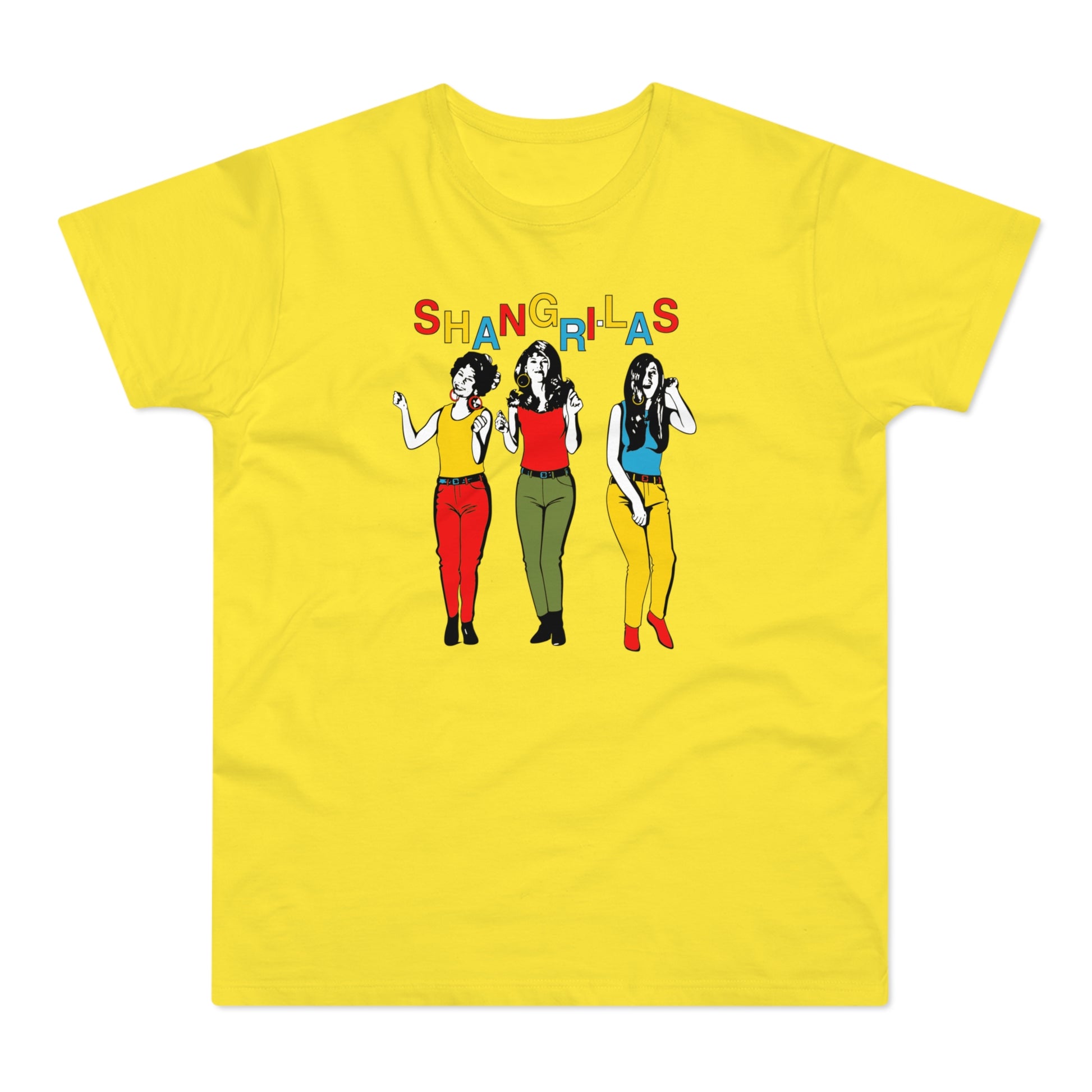 Yellow t-shirt with "SHANGRI-LAS" text above three illustrated women in colorful outfits.