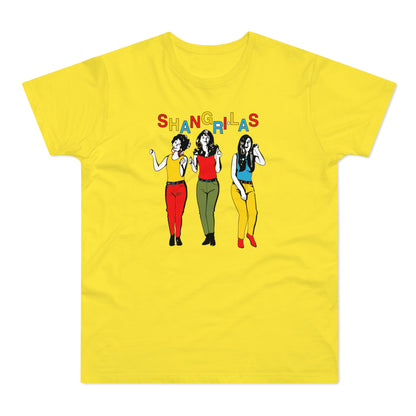 Yellow t-shirt with "SHANGRI-LAS" text above three illustrated women in colorful outfits.