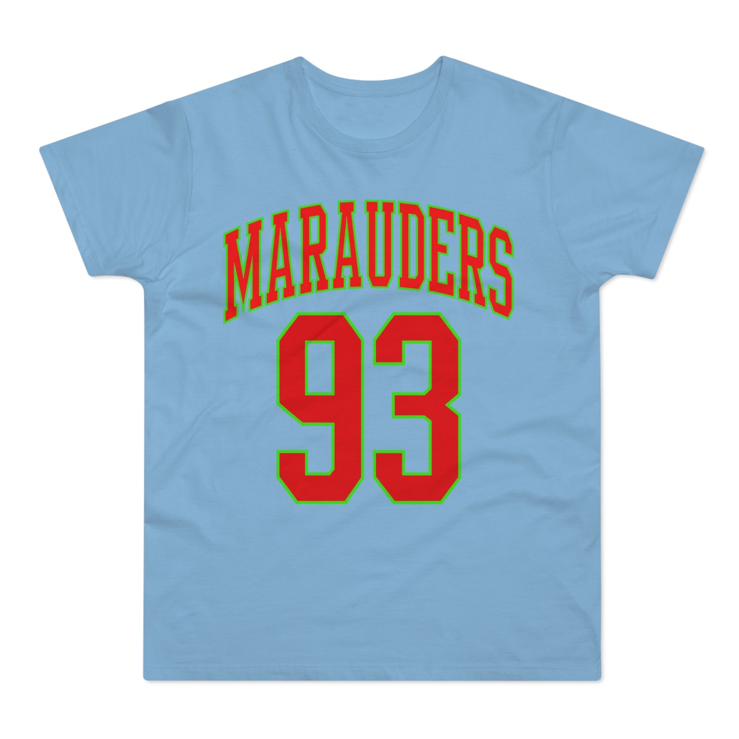 Light blue t-shirt with red "Marauders 93" text outlined in green.