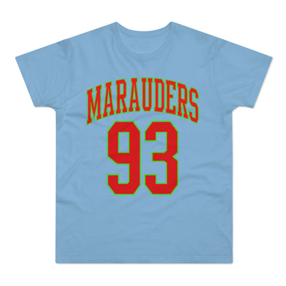 Light blue t-shirt with red "Marauders 93" text outlined in green.