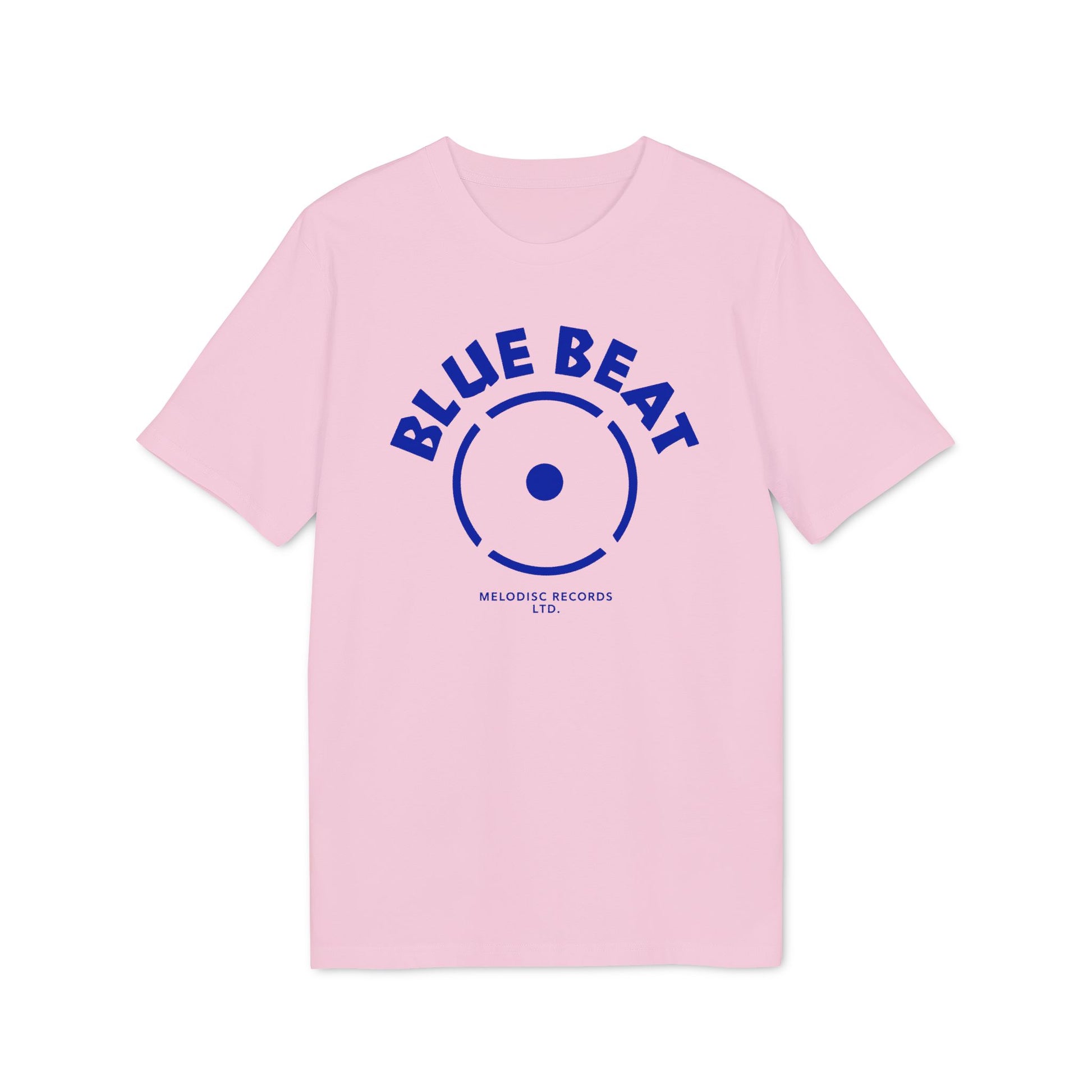 Pink t-shirt with blue "BLUE BEAT MELODISC RECORDS LTD." graphic.