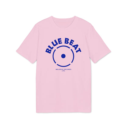 Pink t-shirt with blue "BLUE BEAT MELODISC RECORDS LTD." graphic.