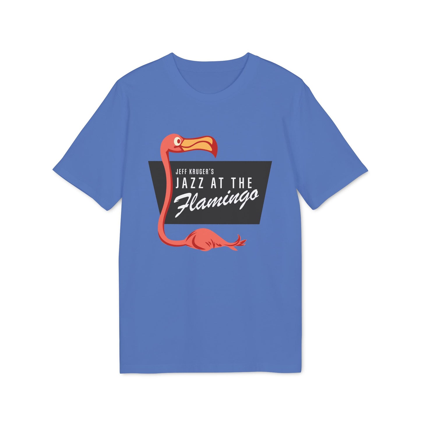 Blue t-shirt with a coral flamingo graphic and text "Jeff Kruger's Jazz at The Flamingo".