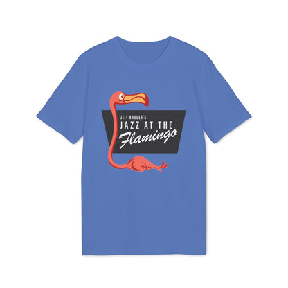 Blue t-shirt with a coral flamingo graphic and text "Jeff Kruger's Jazz at The Flamingo".