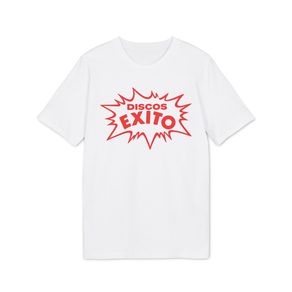 A plain white short-sleeved t-shirt featuring a red comic-book style burst graphic with the text Discos Exito in the center.