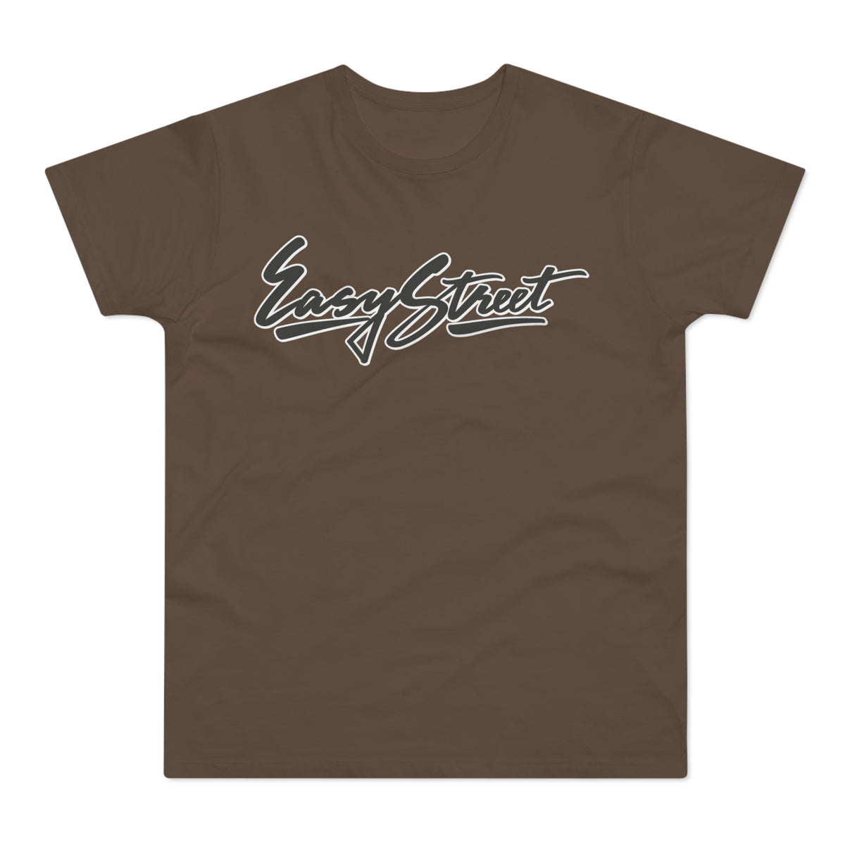 Brown t-shirt with white and black "Easy Street" script logo.