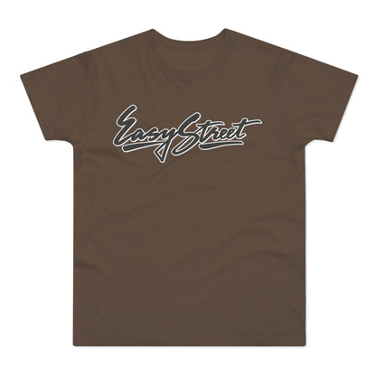 Brown t-shirt with white and black "Easy Street" script logo.