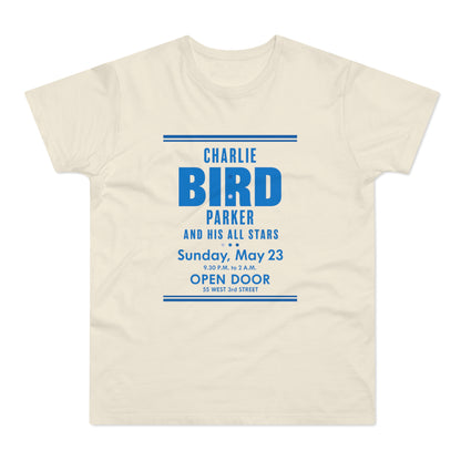 Cream t-shirt with blue text: Charlie Bird Parker and His All Stars, Sunday, May 23.